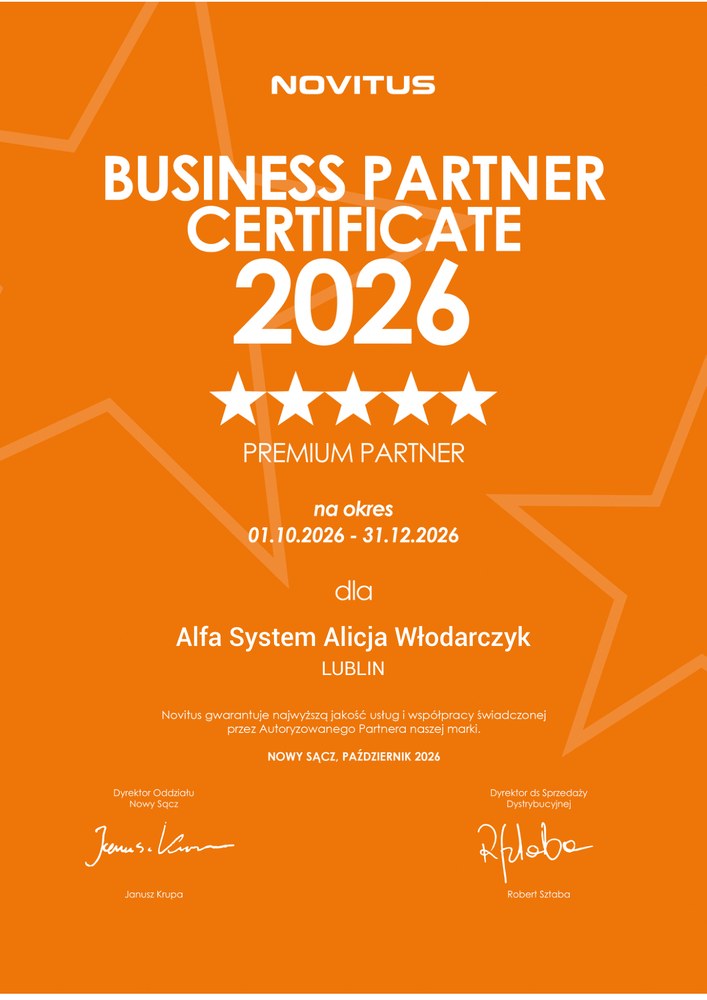 NOVITUS Business Partner Certificate 2026 – Premium Partner, Alfa System